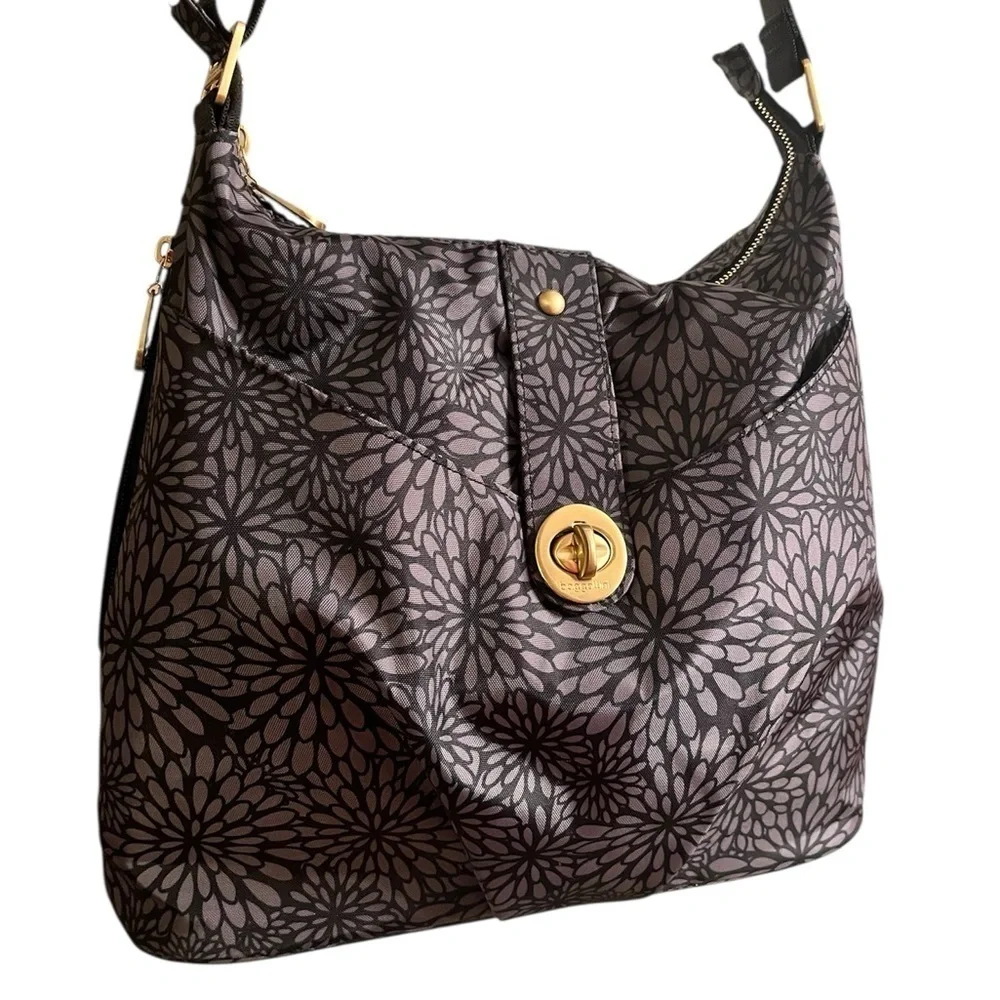 Baggallini Helsinki Shoulder Crossbody Hobo Gray Floral w/ RFID 13.5” x 11” x 4”
